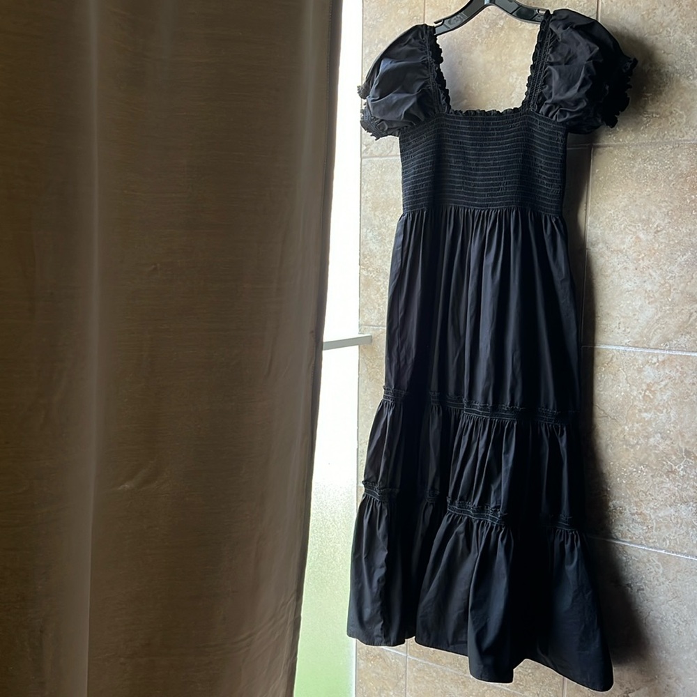 O.P.T. Daphne Dress Square Neck Smocked Bust Tiered Skirt Midi Length
